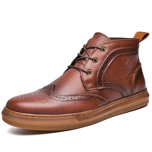 Mens Mid-Top Sneaker Boots Red Brown Leather Upper Wingtip Toe Lace Up Casual Oxford Dress Ankle Boot Shoes for Men Size 7