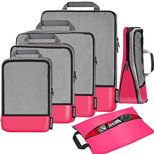 Bagail 4 Set/6 Set Compression Packing Cubes Travel Expandable Packing Organizers(Fuchsia Mesh,6 Set)