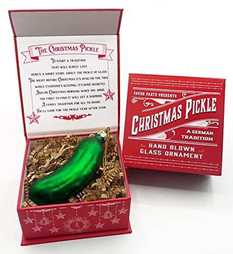 German Christmas Pickle Ornament Tradition Decor - Green Glass Tree Decoration - Gift Boxed with Story & Legend