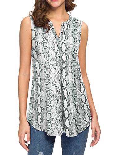 Neineiwu Women's Summer Sleeveless V Neck Casual Tank Tops Blouse Shirts (L, White Serpentine)