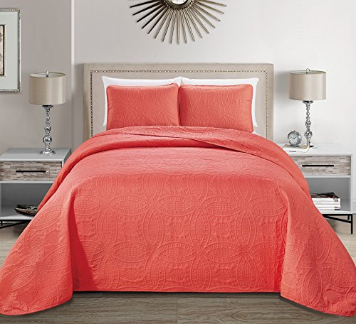 Fancy Collection 3pc King/California King Embossed Coverlet Bedspread Set Solid Coral New