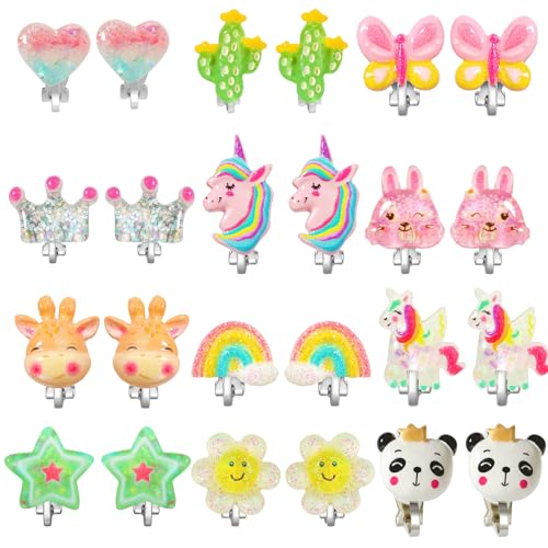 PinkSheep Bling Clip On Earrings for Little Girls, Unicorn Earrings Cake Earrings Ladybug Earrings for Kids, 12 Pairs, Best Gift