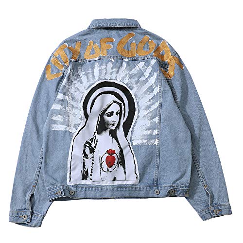 NAGRI Men's Kanye Denim Jackets Virgin Mary Jean Coat Lity Of Gods Hip Pop Button Down Trucker Jacket