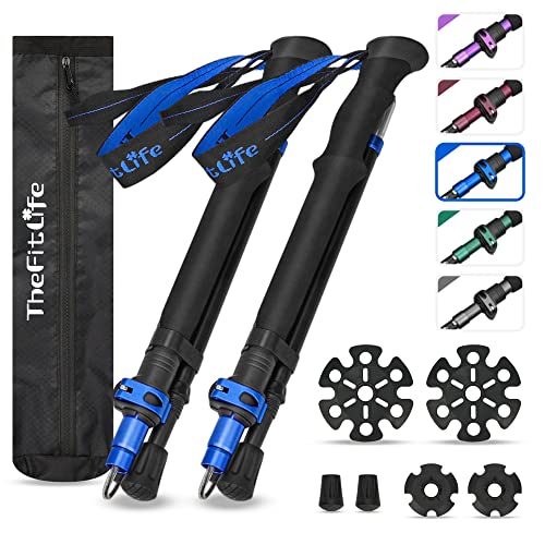 TheFitLife Collapsible Trekking Poles for Hiking – Lightweight Folding Walking Sticks for Men and Women with Extra-Long Foam Handle and Metal Flip Lock Blue