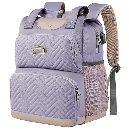 Mogplof Lunch Bag Backpack, Insulated Cooler Laptop Backpack Water-resistant with USB Port, 15.6 Inch Laptop Bookbag Food Backpacks for Work College Travel,Lunch Box Bag RFID for Women Nurse, Purple