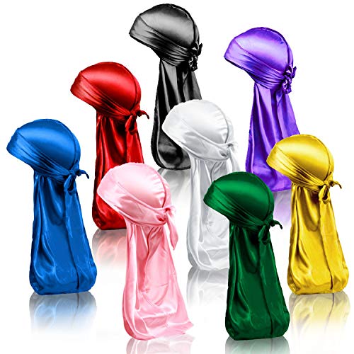 LEADUWAY 8Pcs Silky Durags, Silk Durag for Men Women, Satin Doo Rag for 360 Waves, Durags Pack with Extra Long Tail and Wide Straps
