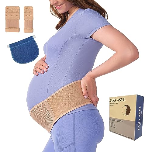 SaraAsyl Maternity Belly Band Set - Beige | Pregnancy Belly Support for Abdomen, Pelvic, Waist, & Back Pain Relief | Adjustable Maternity Belt | All Stages of Pregnancy | Bra & Waist Extenders Included