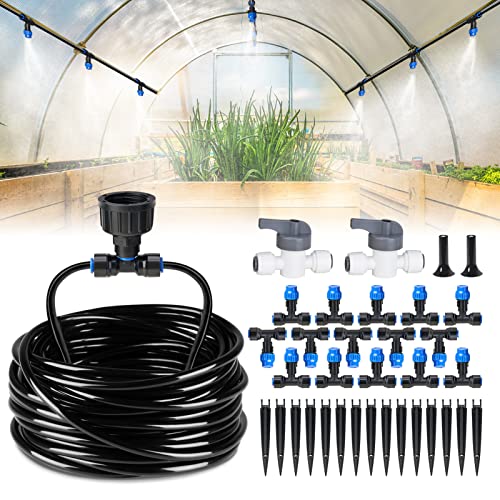 HIRALIY 59FT Greenhouse Mist Drip Irrigation Kit, Hanging Plant Watering System, Garden Watering System with 1/4' Blank Tubing and Misting Nozzles, Quick Connector Design Automatic Irrigation System