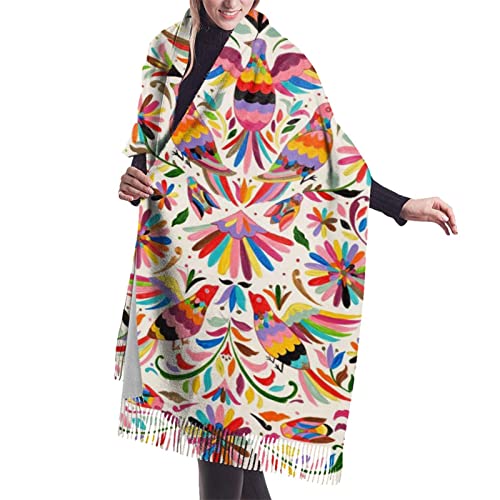 QBahoe Mexican Floral Ethnic Art Birds Paisley Cashmere Scarf For Women Men Lightweight Oversized Fashion Soft Winter Scarves Fringe Shawl Wrap