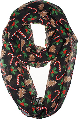 VIVIAN & VINCENT Holiday Gift Wrapped Fall Winter Soft Lightweight Sheer Infinity Christmas Scarf for Women Black Candy Cane Xmas Trees and Poinsettia