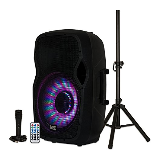 Acoustic Audio by Goldwood 1000 Watt Wireless Portable Bluetooth Multicolored LED Speaker System with Stand and Microphone for Events and Karaoke