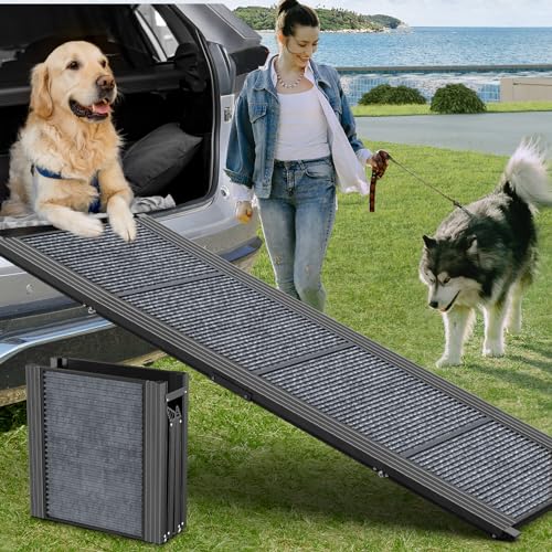 HerCcreta wigge Dog Ramp for Car, 63' Long & 17' Wide Folding Portable Pet Stair Ramp with Non-Slip Rug Surface, Extra Wide Dog Steps for Medium & Large Dogs Up to 250LBS Enter a Car, SUV & Truck