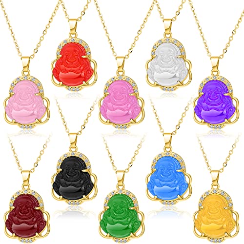 10 Pieces Smiling Buddha Pendant Necklace Jade Smiling Buddha Chain Bling Crystal Lucky Amulet Jewelry for Women Men,10 Colors
