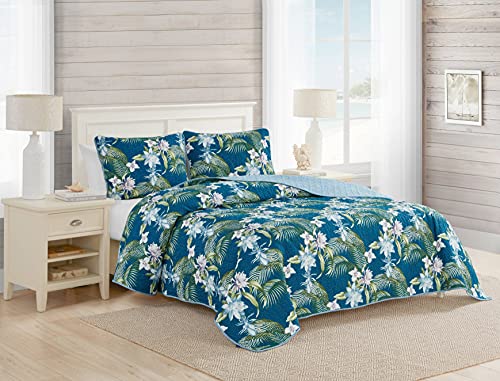 Tommy Bahama - King Quilt Set, Reversible Cotton Bedding with Matching Shams, Breathale Home Decor for All Seasons (Southern Breeze Dark Blue, King)