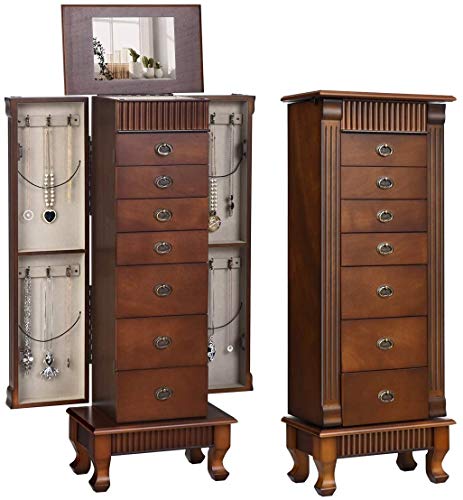 HAPPYGRILL Jewelry Armoire Freestanding Wooden Jewelry Cabinet with Mirror, Jewelry Storage Organizer with 7 Drawers and 2 Swing Doors