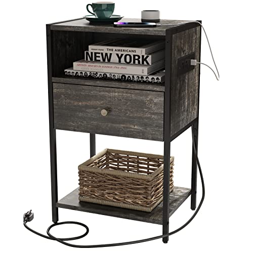 LDTTCUK Nightstand with Charging Station, Modern End Table with Drawer, Bedside Table with Open Storage for Bedroom, Retro Grey