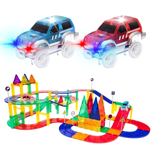 PicassoTiles 80 Piece Race Car Track Building Block Educational Toy Set Magnetic Tiles Magnet DIY Playset 2 Light Up Car STEM Learning Construction Kit Hand-Eye Coordination Fine Motor Skill Training