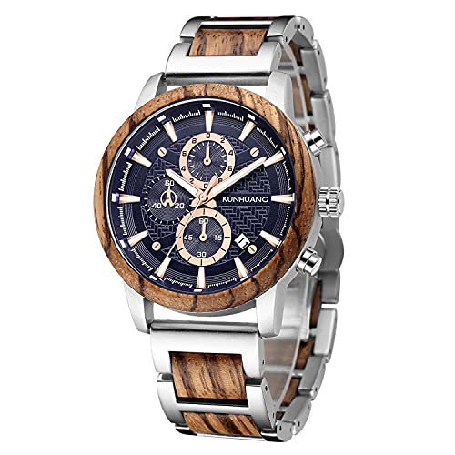 IK COLOURING Men's Wooden Watches, Multifuctional Quartz Chronograph & Date Display Watch for Men Handmade Wood Wrist Watch Luminous Stylish Casual Lightweight Wood & Stainless Steel Male Watch
