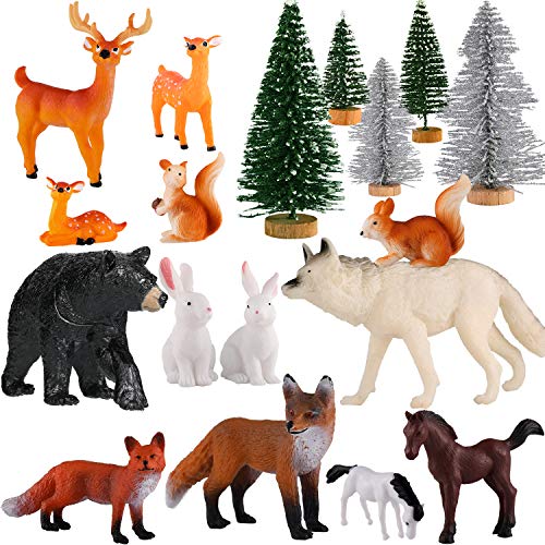 Skylety 18 Piece Wild Forest Animals Figures Toys Set Assorted Creatures Forest Diorama Realistic Plastic Woodland Animals Figurines Model Trees for Birthday Party Favors for Boys and Girls
