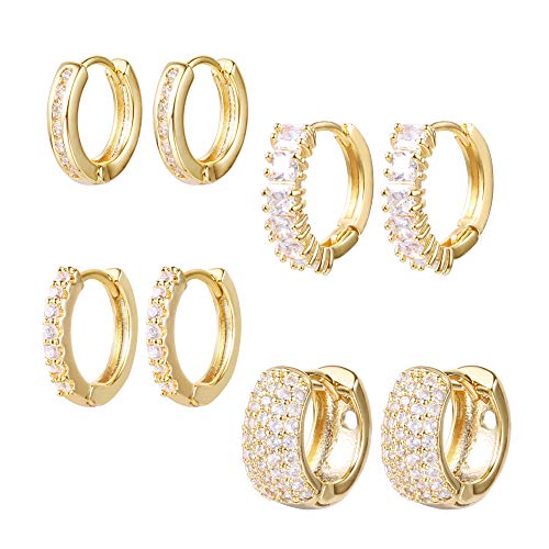 ALEXCRAFT Small Gold Huggie Hoop Earrings for Women Set of 4 Pairs hypoallergenic Gold Diamond Earrings Cubic Zirconia Hoop Earrings