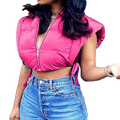 Hixiaohe Women's Cropped Puffer Vest with Hood Sleeveless Zip Up Hoodie Padded Puffy Coat Drawstring Bread Jacket(Pink,L)