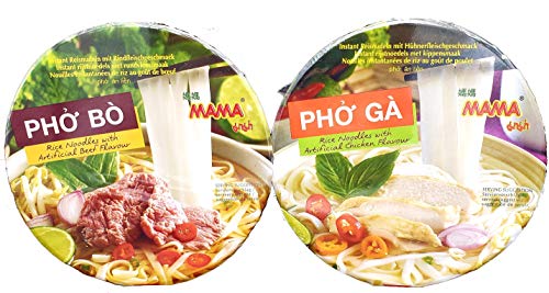 Instant Rice Noodles Vietnamese Style Ramen Pho Variety Pack | Pho Bo (Beef), and Pho Ga (Chicken) 6 Bowls