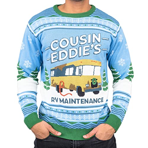 Cousin Eddie's RV Maintenance Ugly Christmas Sweater (Blue, Large)