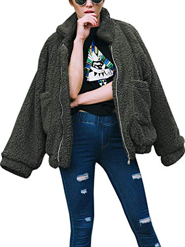 Women's Coat Casual Lapel Fleece Fuzzy Faux Shearling Zipper Coats Warm Winter Oversized Outwear Jackets (Green,XL)