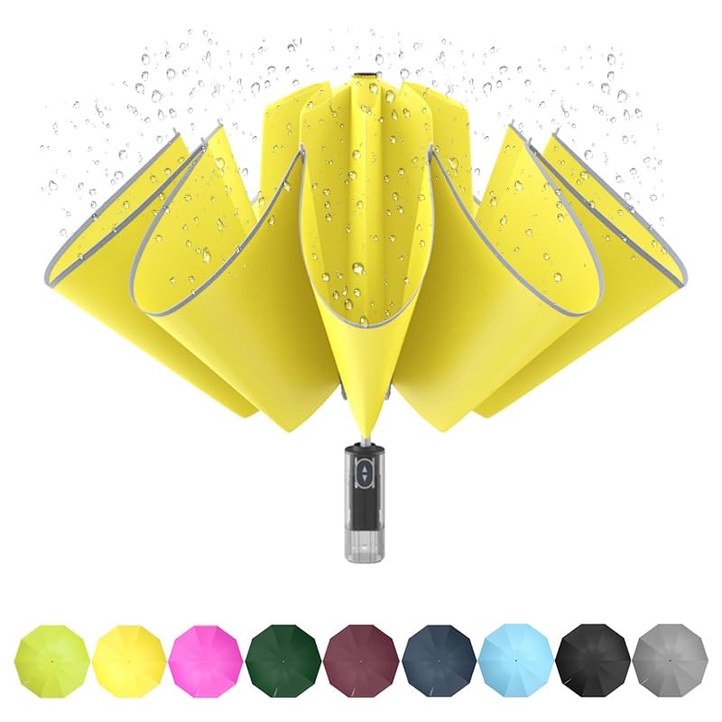 RUMBRELLA Inverted Folding Umbrella for Rain, 50 Inch Anti-UV Protection Automatic Car Travel Umbrella with Safety Reflective Strip, Yellow