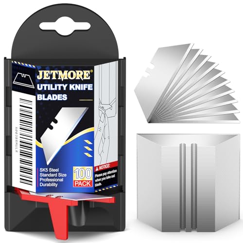 JETMORE 100 Pack Utility Knife Blades, Box Cutter Blades with Dispenser, SK5 High Carbon Steel Heavy Duty Utility Knife Replacement Blades, Standard Size Sharp Blades for Most Box Cutter