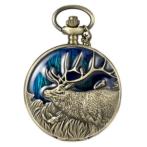 MORFONG Vintage Deer Design Pocket Watch Quartz Watches for Men Women Kids Birthday Christmas Gifts with Box Chain