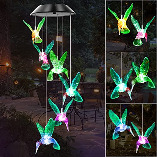 WENANA Green Hummingbird Solar Wind Chimes Color Changing Lights Outdoor, Best Gifts for Mom Grandma Women Wife Aunt Daughter Sister, Unique Mobile Wind Chime, Gardening Yard Decorations