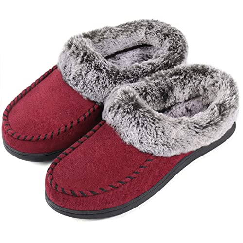 ULTRAIDEAS Women's Memory Foam House Slippers with Hard Bottom, Fur Lined House Shoes with Non-Slip Rubber Sole for Indoor & Outdoor (Red, 5-6)