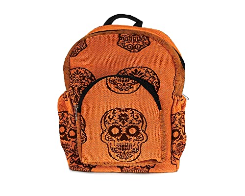 Mia Jewel Shop Small Day of the Dead Sugar Skull Pattern Cushioned Backpack Daypack Purse Water Bottle Holder - Handmade Bag Boho Accessories (Orange)
