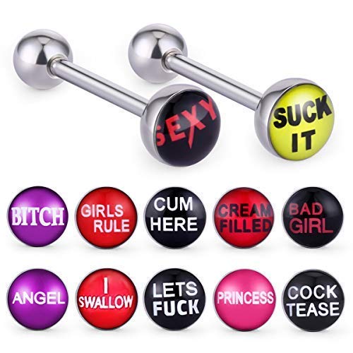 COTTVOTT 12pcs Fancy Words Pictures Logo Stainless Steel Straight Barbells Tongue Rings Bars Piercing Jewelry