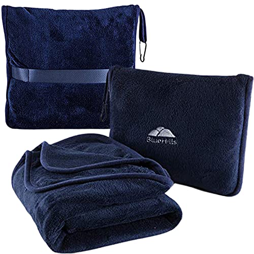 BlueHills Premium Soft Travel Blanket Pillow Airplane Blanket Packed in Soft Bag Pillowcase with Hand Luggage Belt and Backpack Clip, Compact Pack Large Blanket for Any Travel (Navy Blue T002)