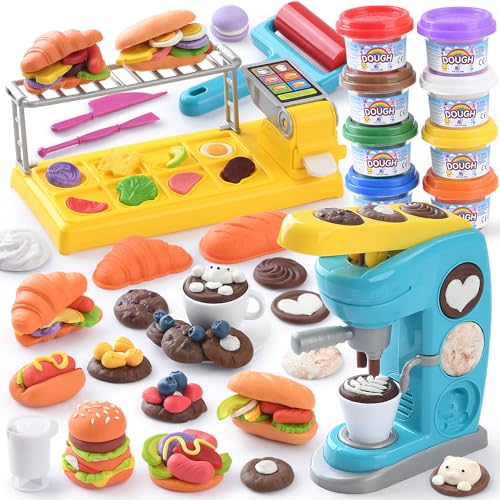 PLAY Kitchen Creation Cafe Play Dough Sets for Kids, Playdough Tools, Play Dough Coffee Maker Set, Toy Kitchen Playset Play Food, Arts and Crafts for Kids 4-6 3-5, 8 Cans of Modeling Compound