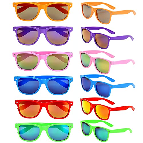 JULYGLASS Neon Bulk Sunglasses Adult 80s Party Sunglasses Party Favors 12 Pack Mirrored Sunglasses Set