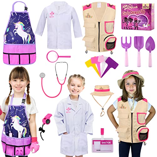 Cheerful Children Toys Girls Dress Up Clothes for Play - 16 Pcs 3 Costume Set - Kids' Dress Up & Pretend Play - Little Girls 3-7 Years - Gardener, Explorer, Doctor Costume Set