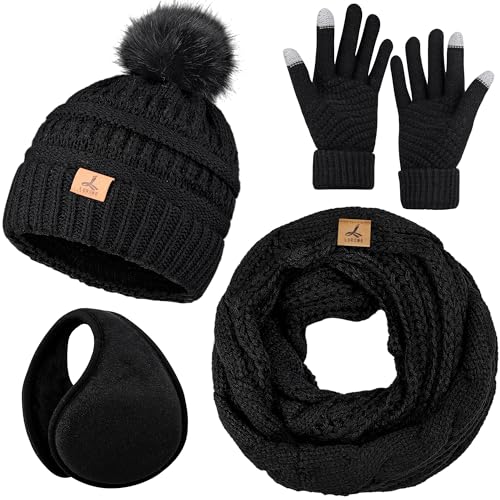 Winter Hat Scarf Gloves and Ear Warmer, Warm Knit Beanie Hat Touch Screen Gloves Set Winter Gifts Neck Scarves for Women