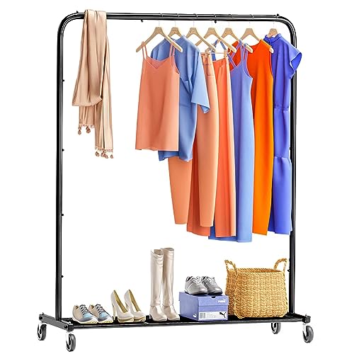 Simple Trending Clothing Garment Rack, 44 Inch Rolling Clothes Organizer on Wheels for Hanging Clothes with Mesh Shelves, Black