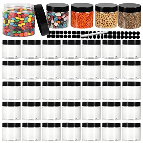 EkkoVla 40 Pack 6 oz Clear Plastic Jars Wide Mouth Round Containers with Black Lids BPA FREE, Empty Multi-use Refillable Storage Jar with Airtight Lid for Cosmetics Beauty Products
