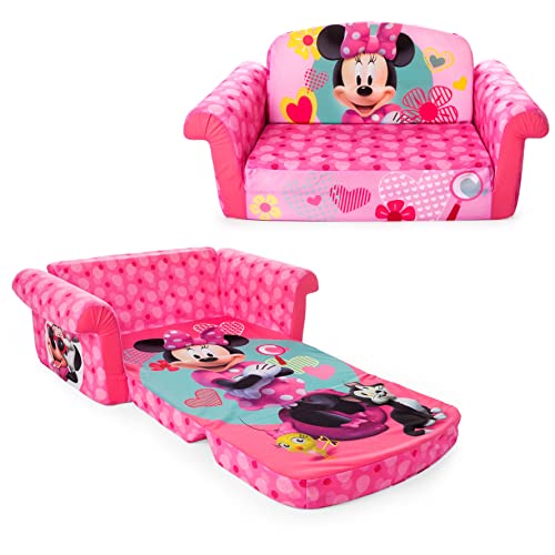 Marshmallow Furniture Kids 2 in 1 Flip Open Foam Compressed Lightweight Lounging Sofa and Extendable Sleeper Couch, Minnie Mouse, Pink
