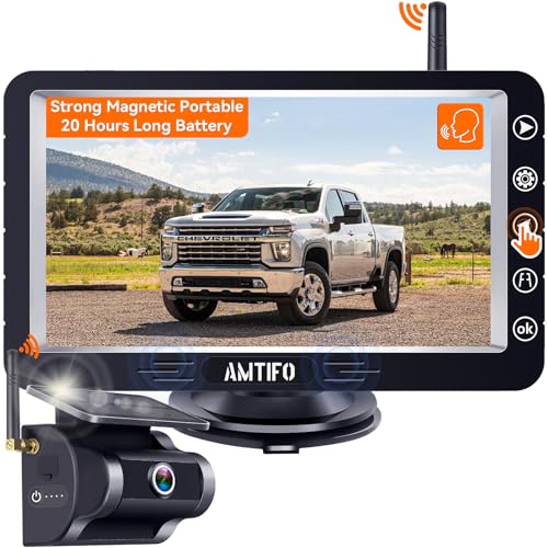 Magnetic Solar Wireless Backup Camera: Portable Voice On Off 20 Hours Long Battery Hitch Rear View Camera No Wires No Drilling 5'' HD 1080P Touch Key Monitor for Truck RVs Trailer Cars AMTIFO A26