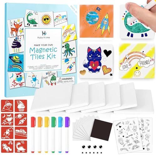 Hula Home Magnetic Mini Tile Art Kit with Markers - Kids Crafts & DIY Arts Magnets for Girls & Boys - Self Adhesive Magnet for Fridge, Locker - Fun Party Favors for Outdoor Activities