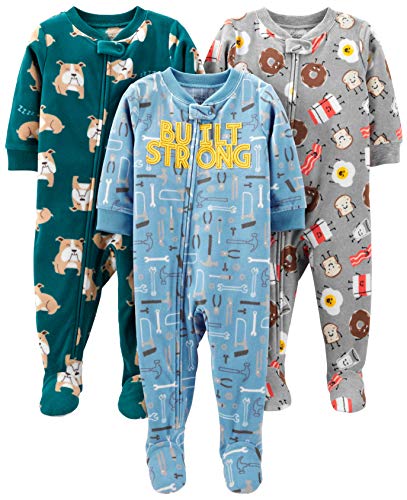 Simple Joys by Carter's Toddler Boys' Loose-Fit Flame Resistant Fleece Footed Pajamas, Pack of 3, Blue Tools/Green Dogs/Grey Breakfast, 3T