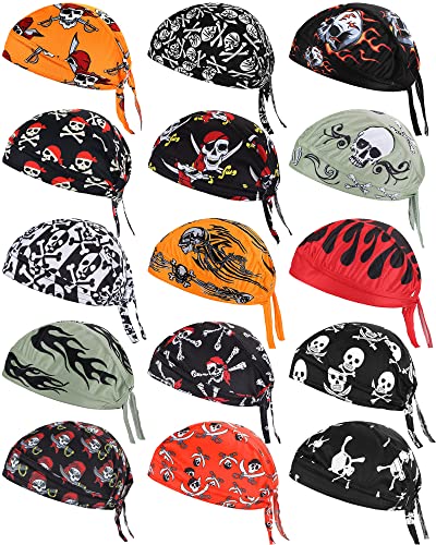 15 Pcs Do Rag Skull Cap Cooling Helmet Liner Sweat Wicking Head Wraps Bandana Beanie Bicycle Helmet Liner for Men Women (Skeleton Pattern)