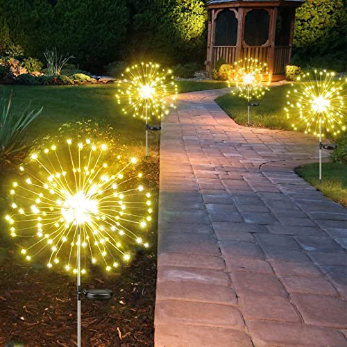 4-Pack Solar Outdoor Lights for Garden Decorations, 360 LED Solar Firework Lights with 2 Lighting Modes, Solar Christmas Lights Waterproof for Outside Pathway Patio Yard Xmas Decorations(Warm White)