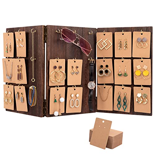 Aulock Wooden Jewelry Display Stand - 3-Sided Panel Earring Display Stands for Selling Earrings Rings & KeyChain Display with 27 Hooks & 100 Earring Cards for Store Showcase and Home(Brown)
