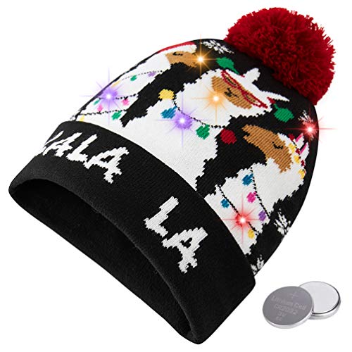 RAISEVERN Unisex Ugly LED Christmas Hat Colorful Lighting-up Holiday Cool Singing Bell Alpaca Snowflake Cute Black Knitted Pompom Caps Funny Sweater Beanie Hats for Family Merry Xmas Party